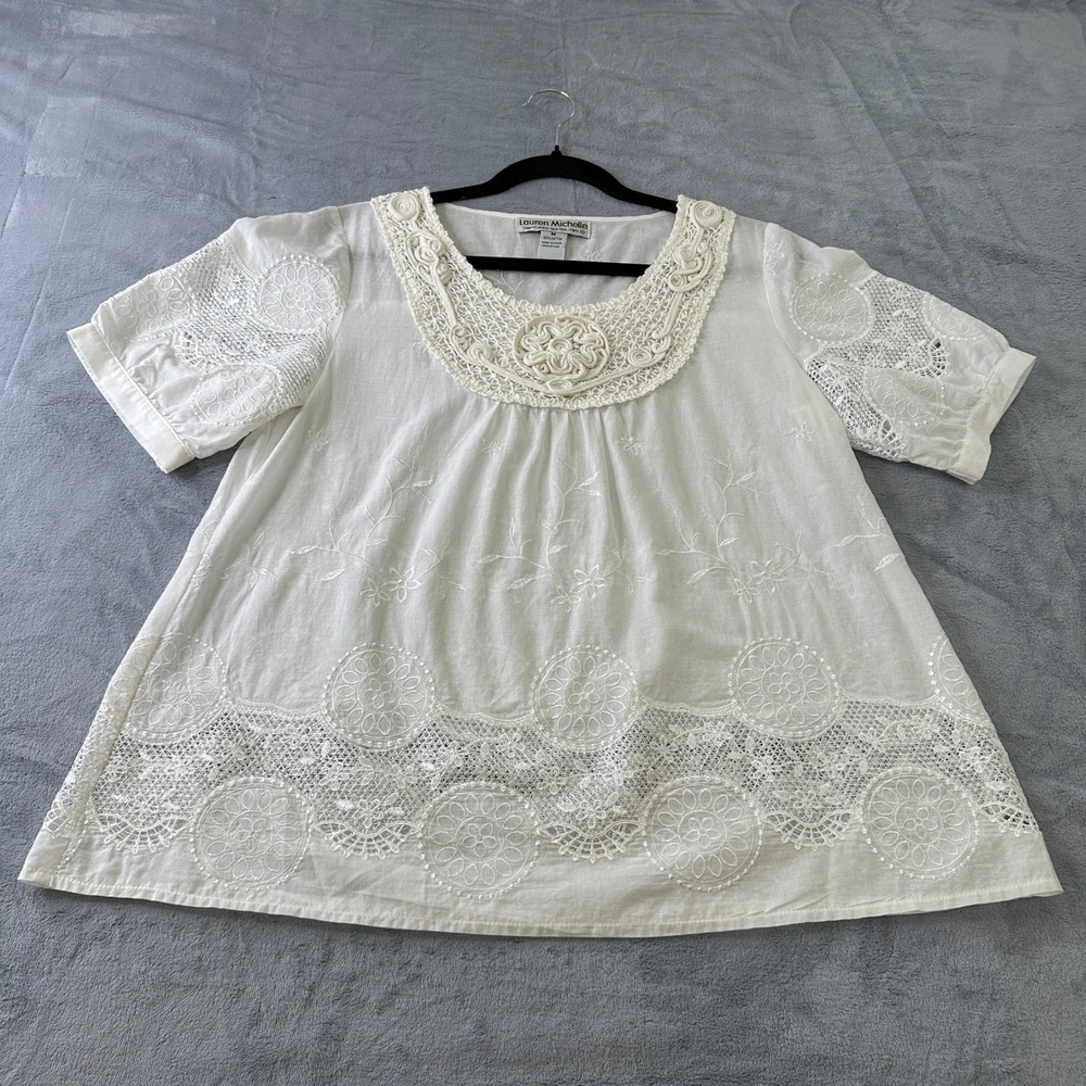 Lauren Michelle White Cotton Embroidered Lace Crochet Peasant Blouse Top Medium